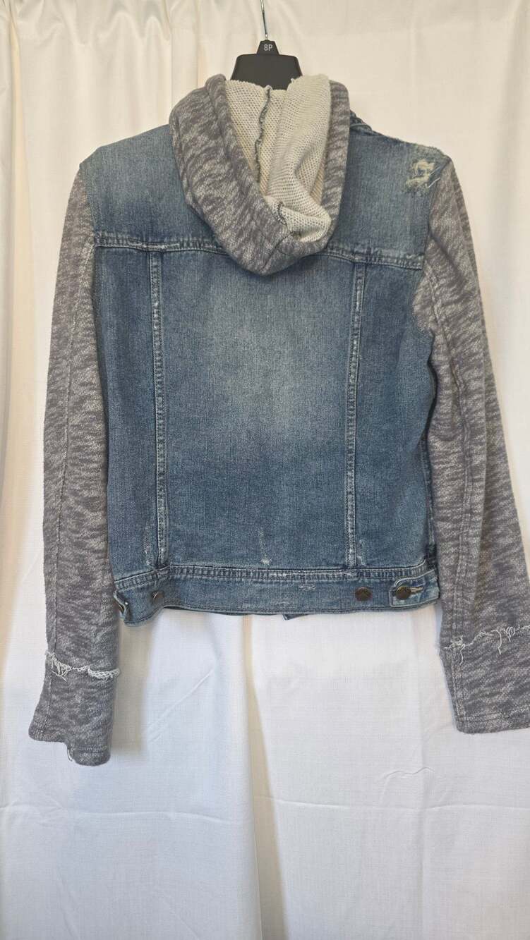Free People Large Moon Dust Distressed Denim Jacket, Knit Hoodie and Sleeves - Picture 5 of 5